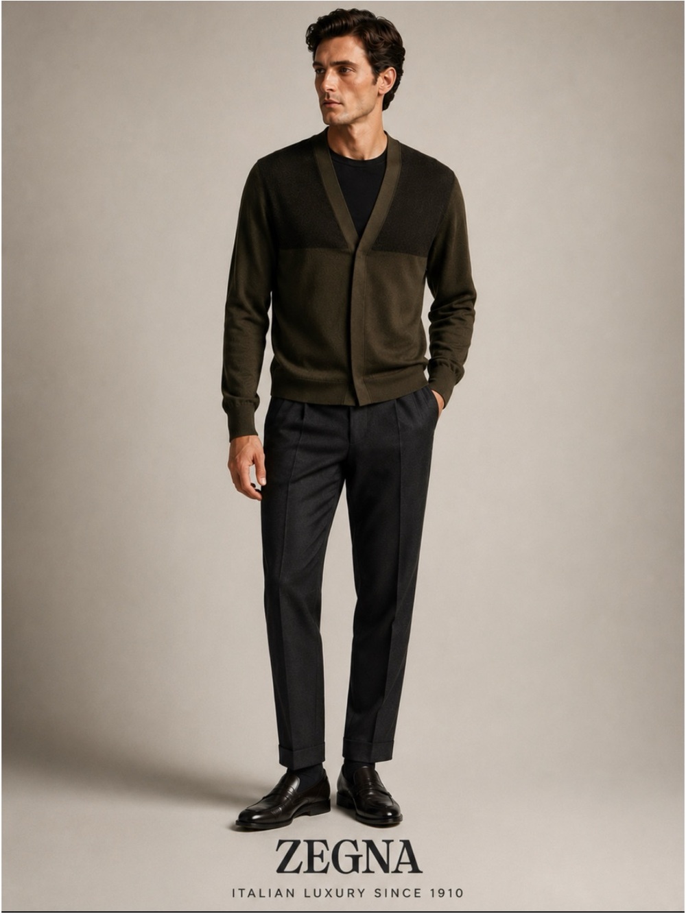Z Zegna Olive Green Colorblock Merino Wool Button Front V-Neck Cardigan Size S
